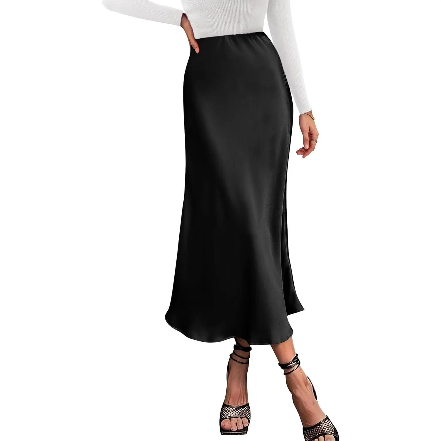2026 Summer Womens Skirts Silk Elegant High Waist Flowy Long Satin A-Line Midi Skirt Cocktail Wedding Party Gift