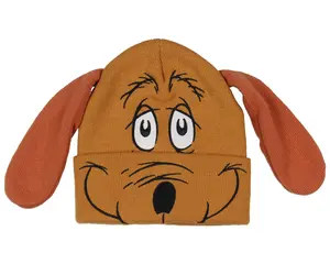 Dr. Seuss The Grinch Max Beanie Embroidered Max Face Design with Felt 3D Floppy Ears Adult Novelty Cuffed Beanie Hat