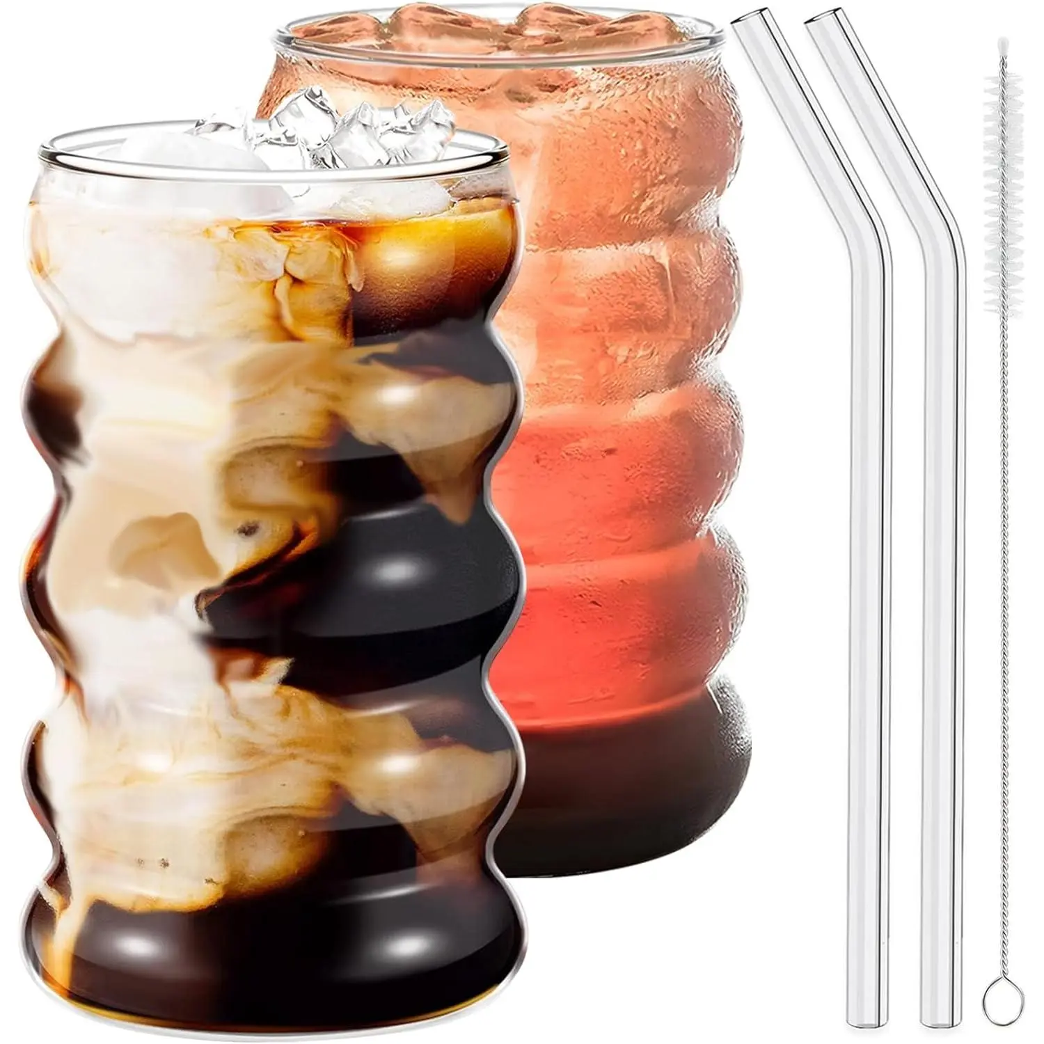2 count Drinking Glasses with Glass Straws, 19.5oz Iced Coffee, Milk , Fruit Smoothie Glasses - Ideal for Water, Soda,  -  Set with Cleaning Brush
