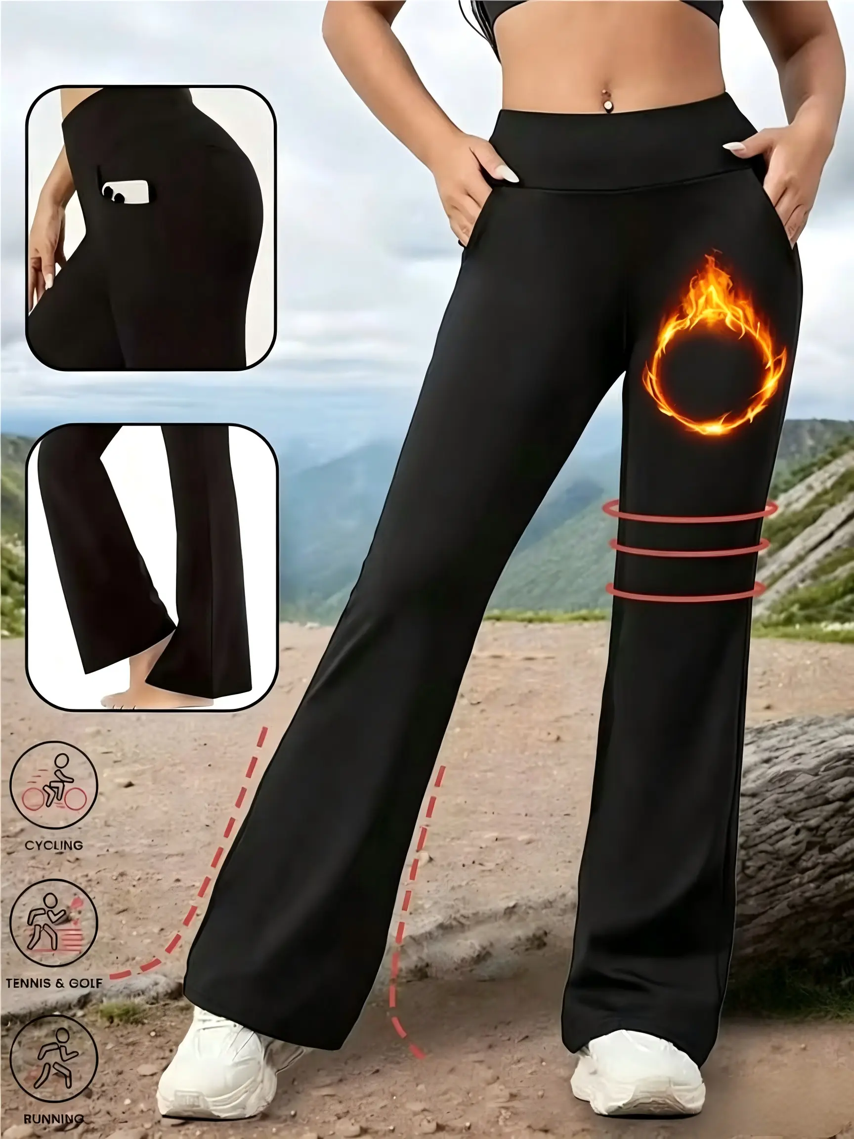 Women's autumn and winter pocket flared pants; fleece-lined flared pants; fleece-lined leggings; women's autumn and winter high-waisted butt-lifting pants