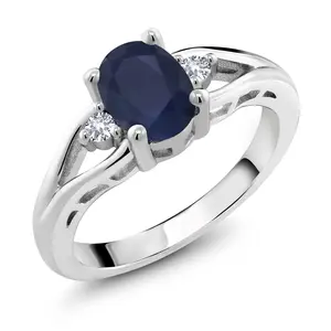 Gem Stone King 1.83 Cttw Blue Sapphire and White Created Sapphire 3-Stone Engagement Ring For Women | 925 Sterling Silver | Oval 8X6MM | Round 2MM | 3-Stone Wedding Anniversary Promise Ring