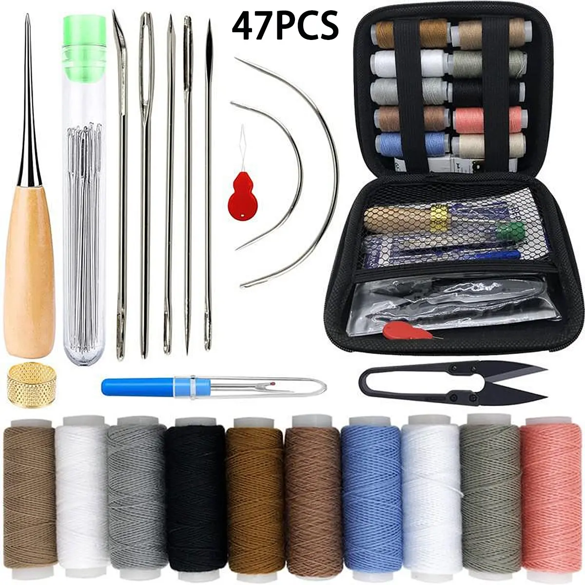 Heavy Duty Upholstery Repair Sewing Kit (47 Pieces) with Awl, Seam Ripper, Needles, Thread, Lighter for Seamless Stitching - Sewing Tools, Sewing Accessories and Supplies for Car, Sofa, Backpack