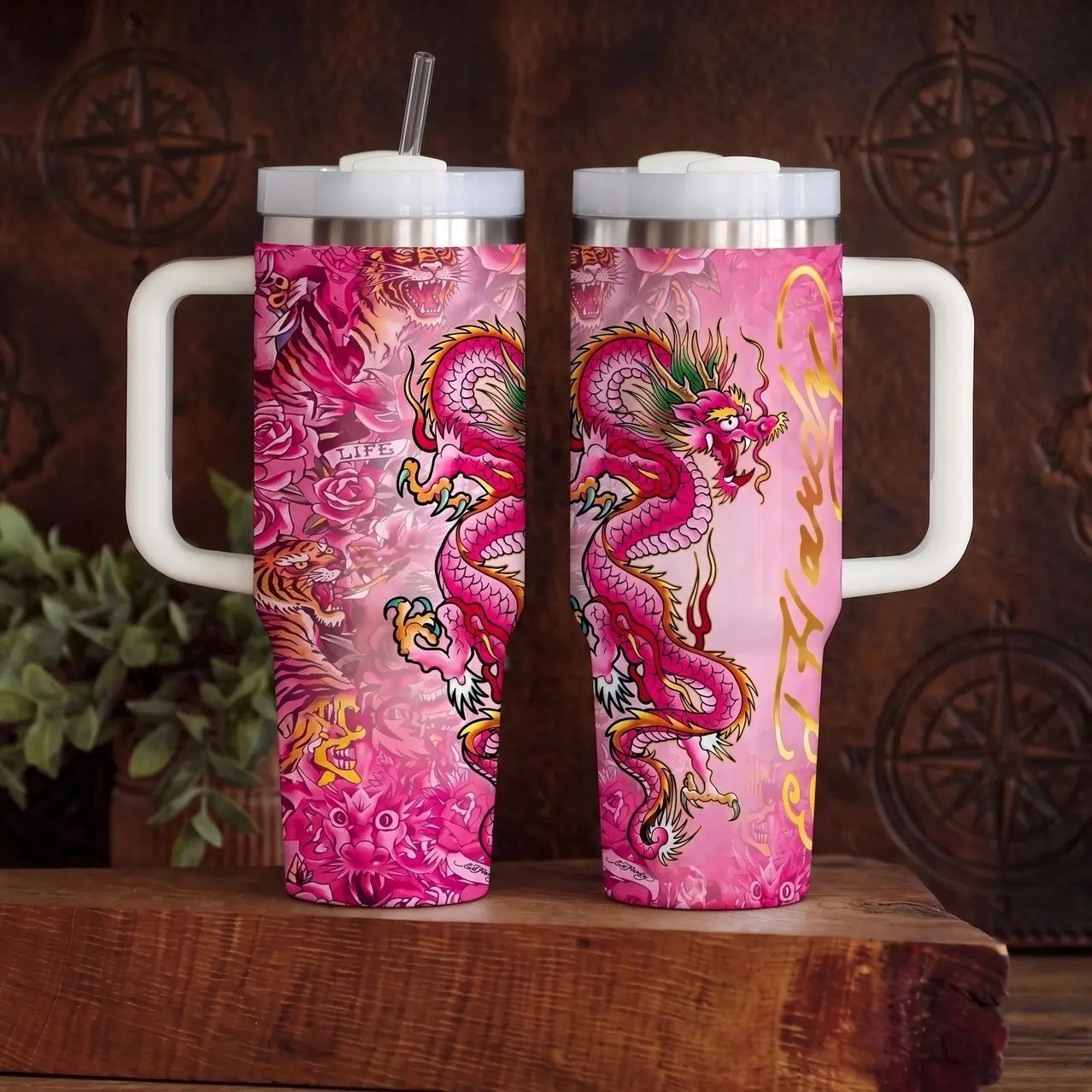 Y2k Trendy Tiger Ed Hardy 40oz Stainless Steel Tumbler with Handle and Straw | Vintage Asian Tattoo Travel Mug Cup