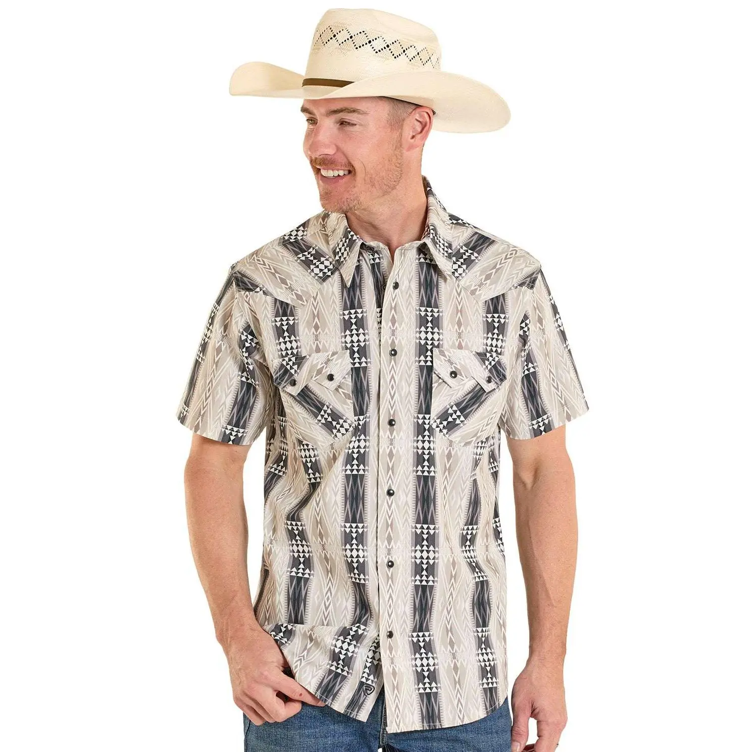 ROCK&ROLL AZTEC PRINTED  SNAP SHIRT MENS BLACK SHORT BMN3S08301