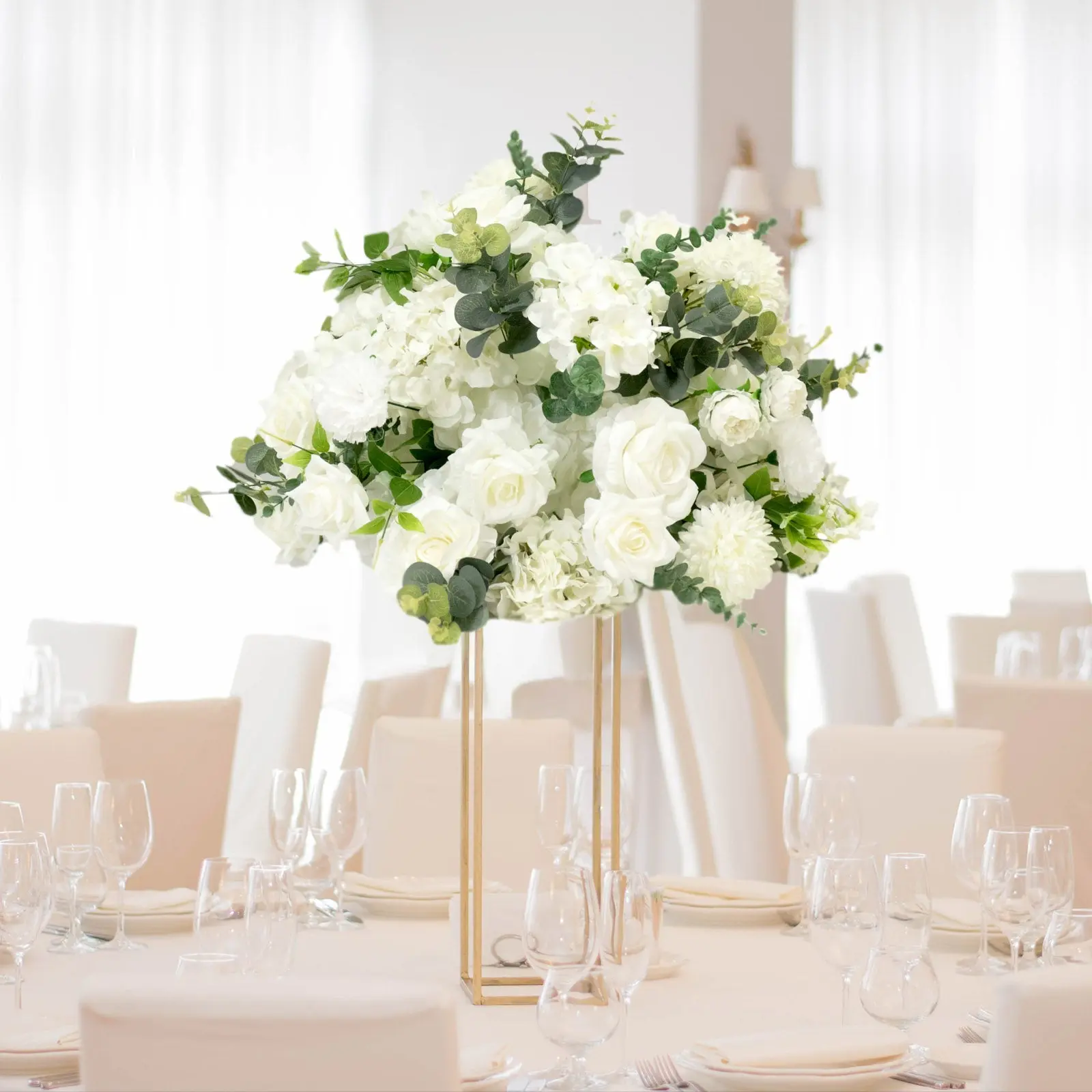 Pre-Arranged Silk Floral Centerpiece in White, 22" Artificial Rose, Hydrangea & Chrysanthemum Flower Ball Bouquet for Event, Wedding