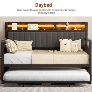 Jocoevol Bedside with power socket  folding sofa bed, dark gray linen + black iron frame + vintage brown triamid board