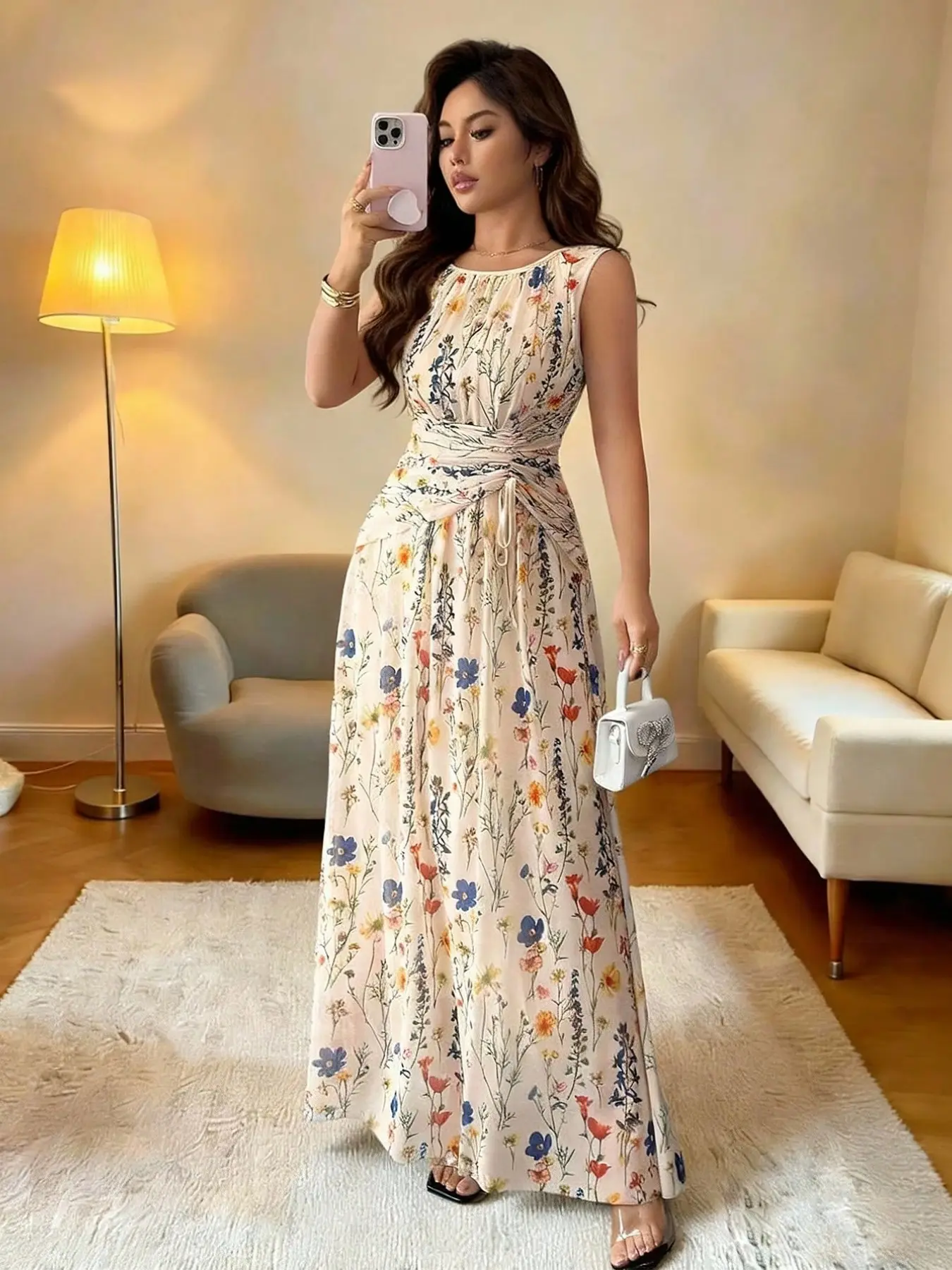 Elegant Chic Floral Mesh Apricot Round Neck A-Line Sleeveless Long Dress, Soft, Slimming, Feminine, Drawstring, Adjustable, Perfect for Parties, Weddings, Office, Daily Wear, Style