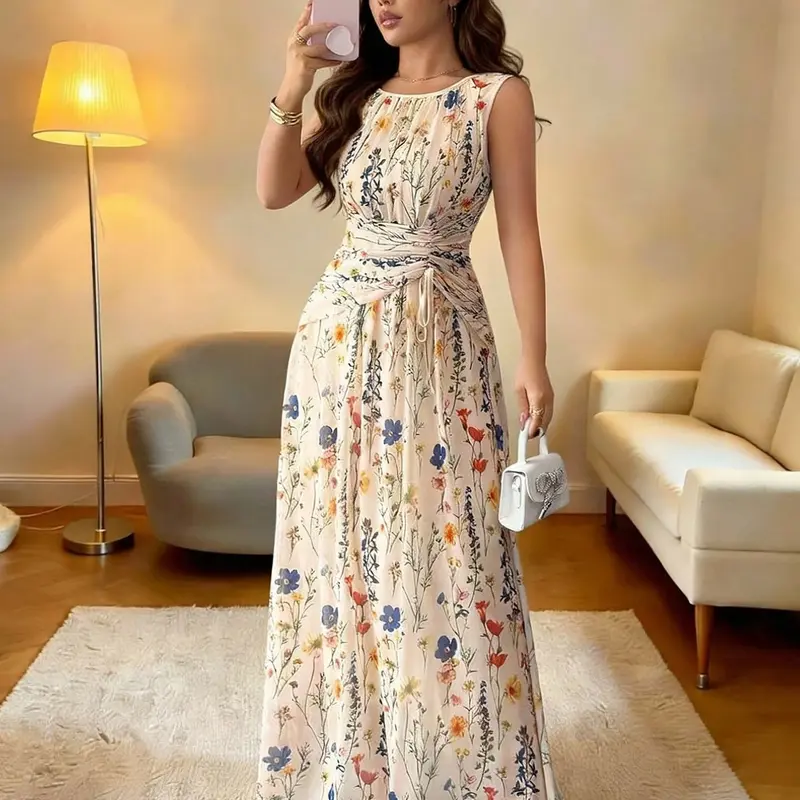 Elegant Chic Floral Formal Mesh Apricot Round Neck A-Line Sleeveless Long Dress, Soft, Slimming, Feminine, Drawstring, Adjustable, Perfect for Parties, Weddings, Office, Daily Wear