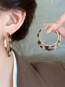 Vintage Autumn Winter Tortoiseshell Leopard Print Fashionable Hoop Earrings, Geometric Design, Iron Chain, Trendy Women's Jewelry for Daily Wear