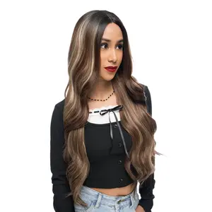 27-Inch Dark Brown Ombré (Dark Roots, Blonde Highlights) Curly Waves Lace Front Synthetic Wig | 【Heat Resistant】【Cap Included】 | FSGB