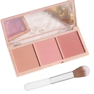 3-Color Blush Palette with Brush - Matte & Shimmer Powder Blush Trio - Long Lasting, High Pigment Face Makeup - Cool Tone Pink, Nude Brown & Berry Plum Shades for Natural Flushed Look
