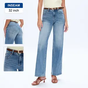 Mid Rise Wide Leg Denim Jeans - Classic Five Pocket Design with Frayed Edges & Contrast Button - Below the Ankle Hem - Stretchy Cotton Blend Bottoms Fits Style Womenswear Zipper Basic Fitted Maxi Minimalist