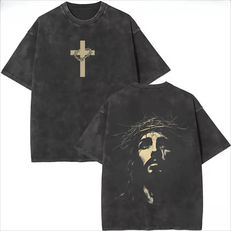 Jesus Crown of Thorns Washed Tshirt, God Apparel Tee, Easter T-Shirt, Jesus T-Shirt, Easter Streetwear, Christian Apparel Graphic Tees, Gym Pump Cover Casual Round Neck
