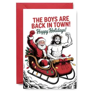 1pc "The Boys are Back in Town" Christmas Card, Paper Material with Envelope, Santa & Jesus in Muscle Car Pop Art, Bold Holiday Greeting for Friends