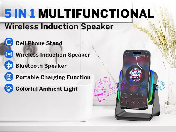 Wireless Induction Audio Speaker Stand, 5in1 Cellphone Holder, 3500mAh Rechargeable Emergency Power Bank, 360° Adjustable Mobile Tablet Stand with Colorful Ambient Light Gifts for Men Women, TikTokShopHolidayHaul