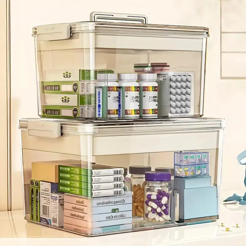 [Buy-1, Get-1-Free] 2pcs Transparent Double-Layer Medicine Organiser Set - Household Large-Capacity Portable Medical Storage Box with Handle for Family Use