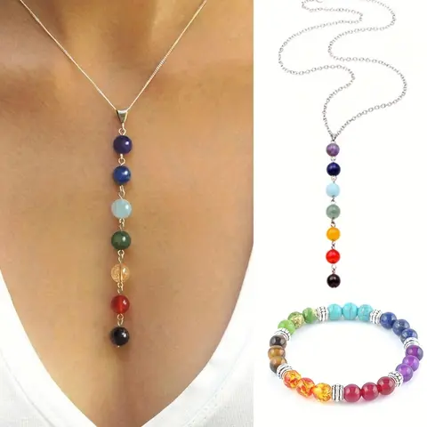 7 Chakra Gemstone Beads Necklace & Bracelet Set Vibrant Yoga Balancing Jewelry Set Women Solid Form, Fragrance-Free, Yoga Natural Stone Necklace Bracelet Accessories