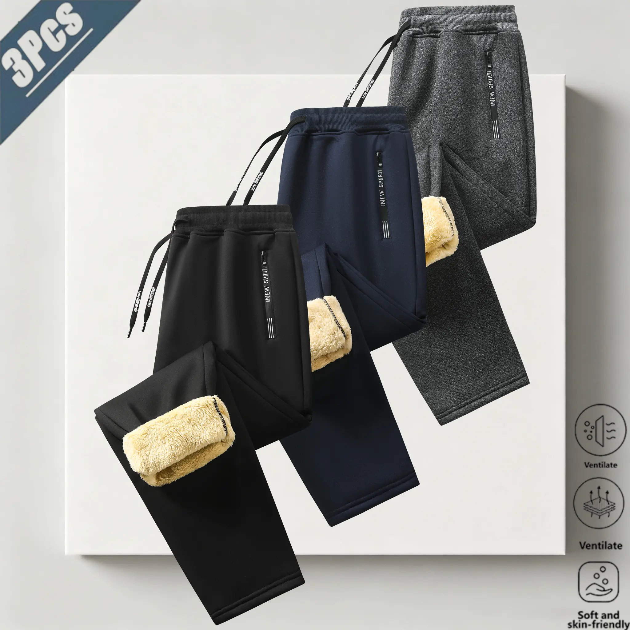 Men’s 3-Pack Solid Plain Casual Chic Polyester Blend Sweatpants - Mid-Waist Elastic Stretch Waistband, Thick Plush Lining, Branded Side Zippered Pockets, Loose-Fit Regular Leg, for Adult Men’s City Outings