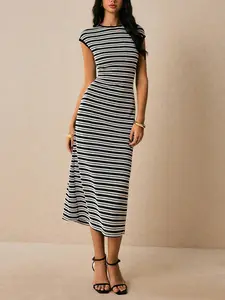 Women's Casual Black and White Striped Sleeveless Dress Crewneck Cap Sleeve Bodycon Knit Summer Party  Midi Dresses