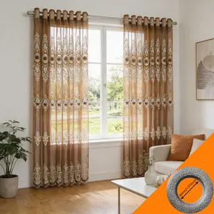 2pcs European Luxury Coffee Gold Heavy Embroidered Sheer Curtains, High Transparency Floor-To-Ceiling Window Drapes, Vintage Style Balcony Curtains
