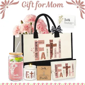 Christian Gifts for Women Faith Gifts for Mother with Tote Bag Makeup Bag Candle Cross Necklace Cup Greeting Card for Birthday Church Sunday Prayer Bible Study, Religious Gift for Christian Girl Mom Wife, Elegant Gift for Mother's Day