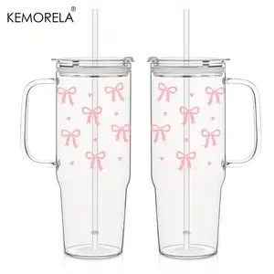 Reusable Glass Water Bottle Set, 40 Oz with Lid & Straw Handle, Butterfly Knot Design, Ideal for Travel & Daily Use Tumbler