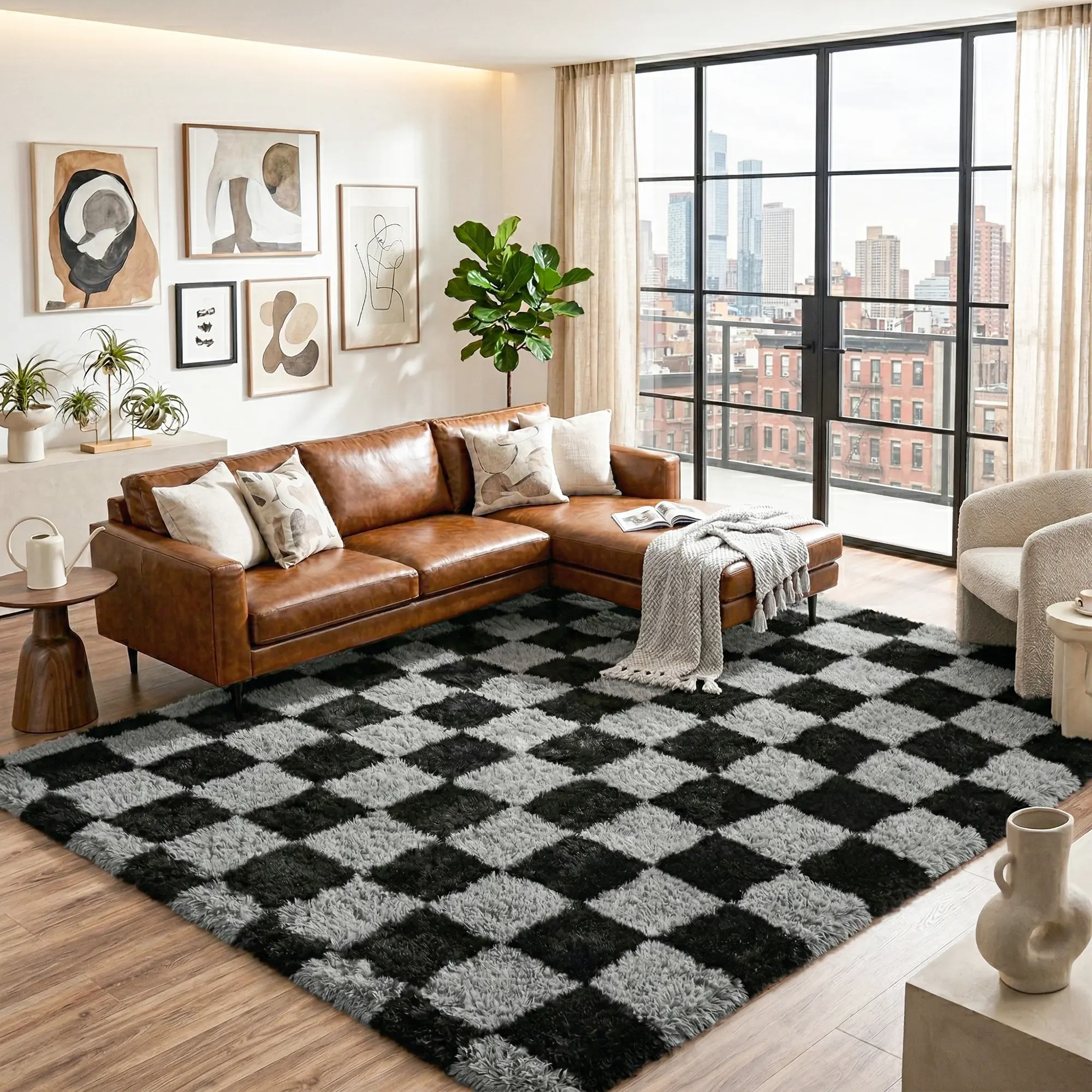 Colla Area Rugs For Living Room, Ultra Soft Fluffy Shag Rugs For Bedroom, Non-Slip Fuzzy Plush Rug Indoor Floor Carpet For Room, Dorms, Playroom, Modern Home Decor-Black and Grey Checkered