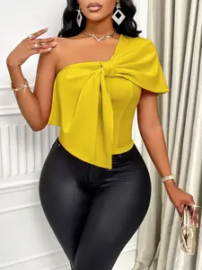 Summer Sexy Casual Shirt Women's Plain Bow Back Zipper Short Top, Slim-Fitting Off-Shoulder Blouse, Fashionable Ladies' Clothing, Casual Cute