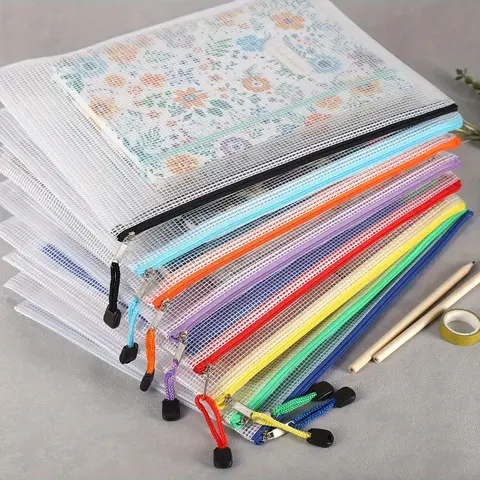 A4 Paper Mesh Zipper Pouch, 8 Counts/set Waterproof Zipper File Paper Stationery Bag, Sorting File Storage Bag for School Office Dormitory Home Outdoor, Paper Organizers Office Supplies