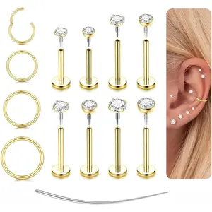 YADOCA 14K Gold Plated Flat Back Earrings - 16G/18G 316L Surgical Steel Internal Thread CZ Stud Piercing Jewelry for Tragus Helix Cartilage Conch Hypoallergenic Nose Rings Lip Labret Medusa Piercing for Women Men