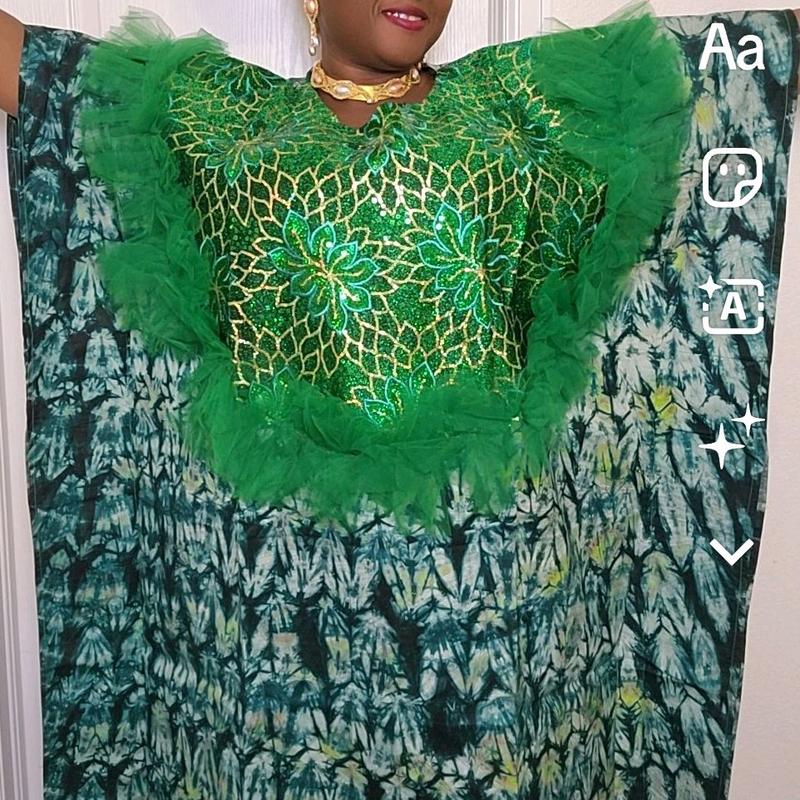 Adire Kampala Tie Dye Bubu Mumu Dress in MultiColor Green Intricate chest sequenced design, Comfortable Special occasion Casual Womenswear  Maxi Gorgeous