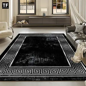 1 Piece Classic Black & Silver Edge Rectangle Rug: Geometric Graphic Rug, HD Printed, Double-Lock, Machine Washable, Non-Slip. Ideal for Living Room, Bedroom, etc., Great Birthday Gift