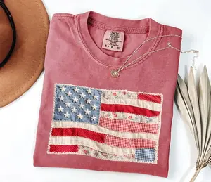 Comfort Colors Patchwork American Flag Shirt, Retro Floral Gingham USA Graphic Tee