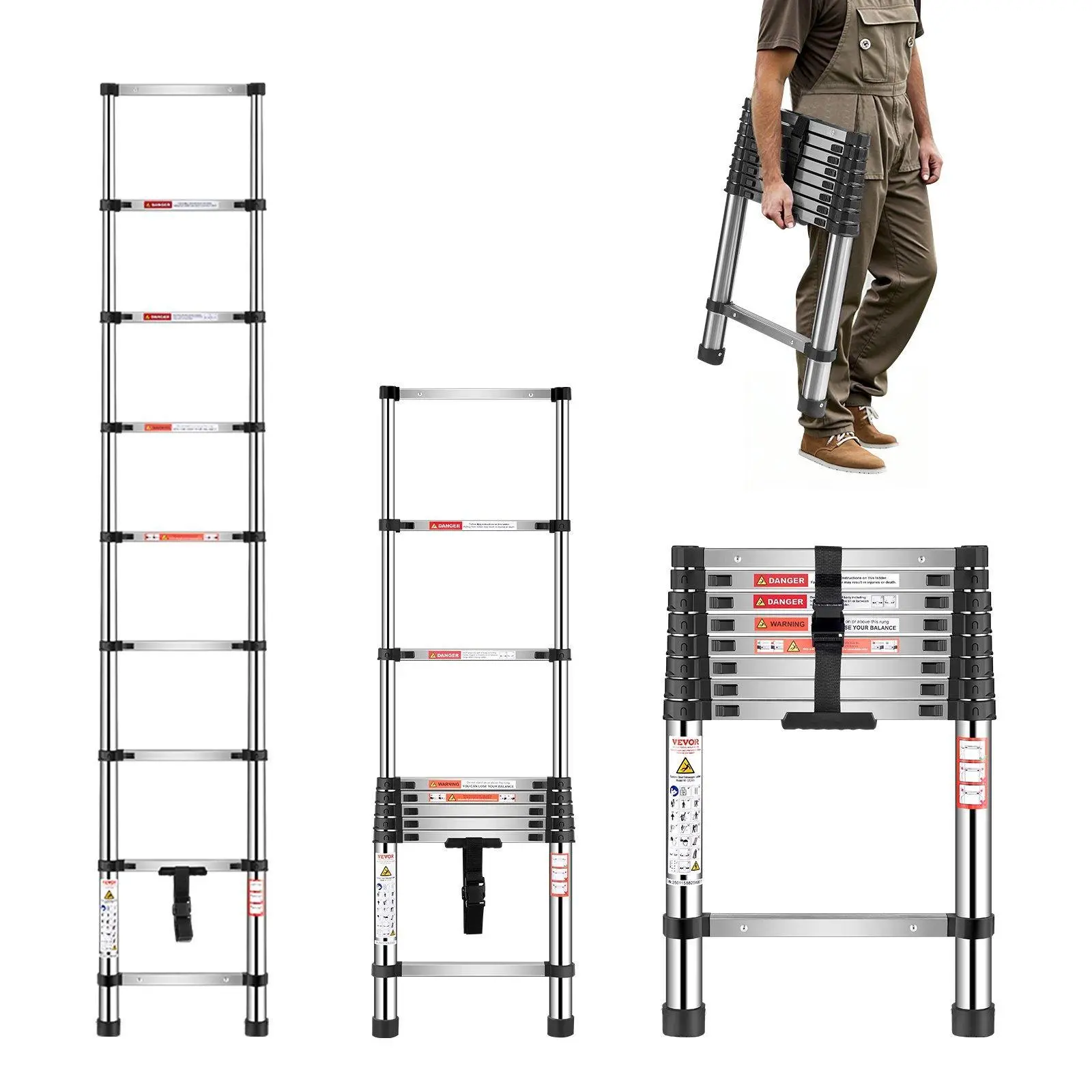 【FathersDayGift】VEVOR Telescoping Ladder Stainless Steel Extension Step 8.5 ft Portable Ladders