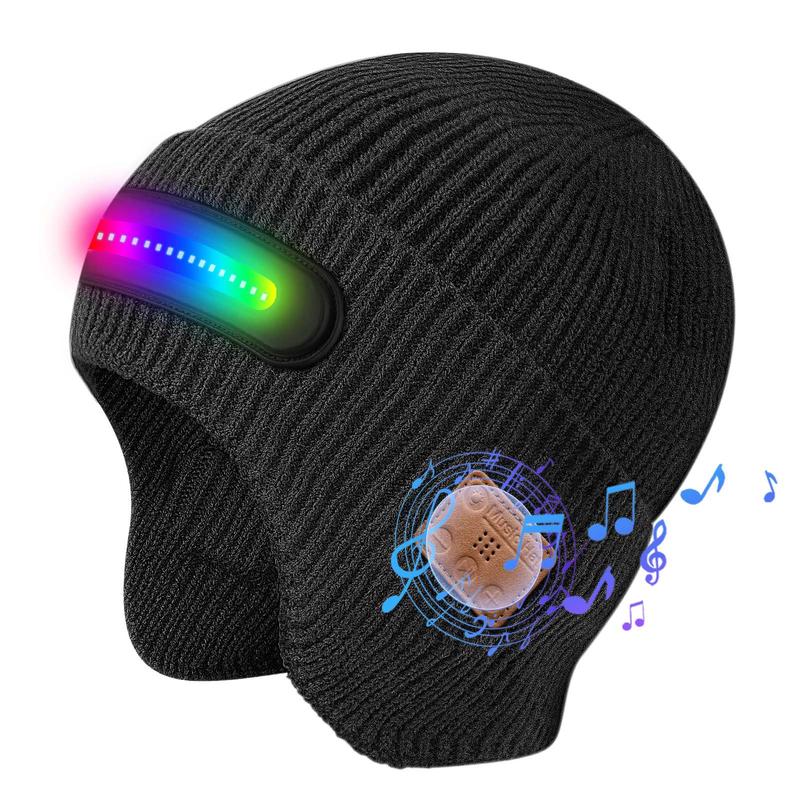 New USB Charging Light-Up Bluetooth Headphone Hat Outdoor Warm Knitted Ear Protection Hat Wireless Music Colorful Light Design Unisex Fashionable Casual Flashlight Hat for Christmas Holidays