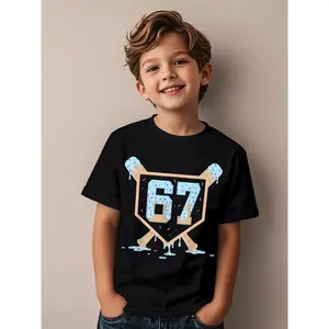 Boys' Short Sleeve Casual Cotton Graphic T-Shirt - Fitted Cut Round Neck, Funny 67 Ice Cream Drip Baseball Meme Design, Math-Themed Novelty Apparel for Casual Attire & Birthday Parties