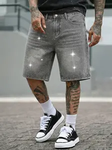Men's summer light gray diamond-studded denim shorts, non-stretch with dazzling diamond decorative patterns, a versatile and eye-catching streetwear essential, suitable as a gift for husbands or boyfriends
