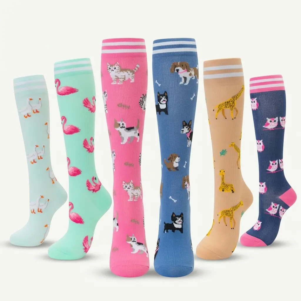 6 Pairs Animal Print Compression Socks 15-20mmHg, Knee High Circulation Support Socks for Women, Running Travel Nurse Athletic Compression Socks Knee Length