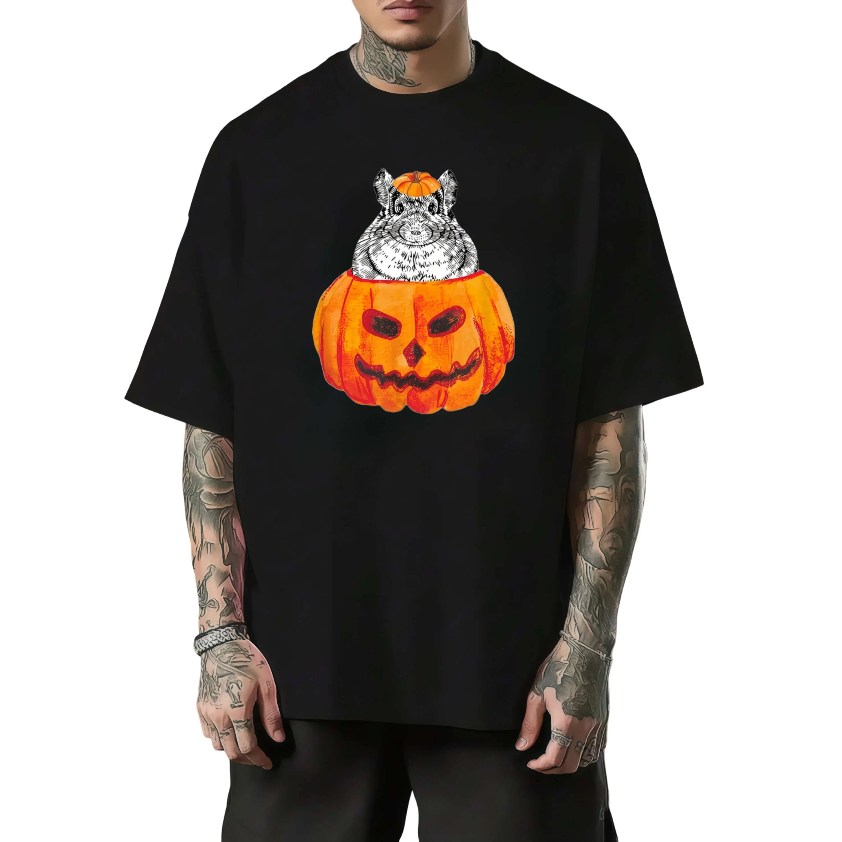 Men's Funny Chinchilla & Jack-O'-Lantern Costume T-Shirt - Retro Pumpkin & Chinchilla Graphic Crew Neck Tee, Machine Washable Casual Shirt Suitable for Halloween Costumes, Gym Wear, Everyday Outfits - Retro Style Printed Top