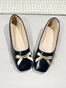 Women's Square Toe Ballet Flats, Glossy Patent Leather with Bow, Comfortable Soft Sole, All-Season Casual Shoes