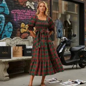 Women's Trendy Plaid Square Neck Midi Dress - Vintage-Inspired Puff Sleeve Tiered Dress, Chic Retro Fashion for Street & Casual Occasions Square Neck Dress Fitted Bodice Flowy A Line Dress