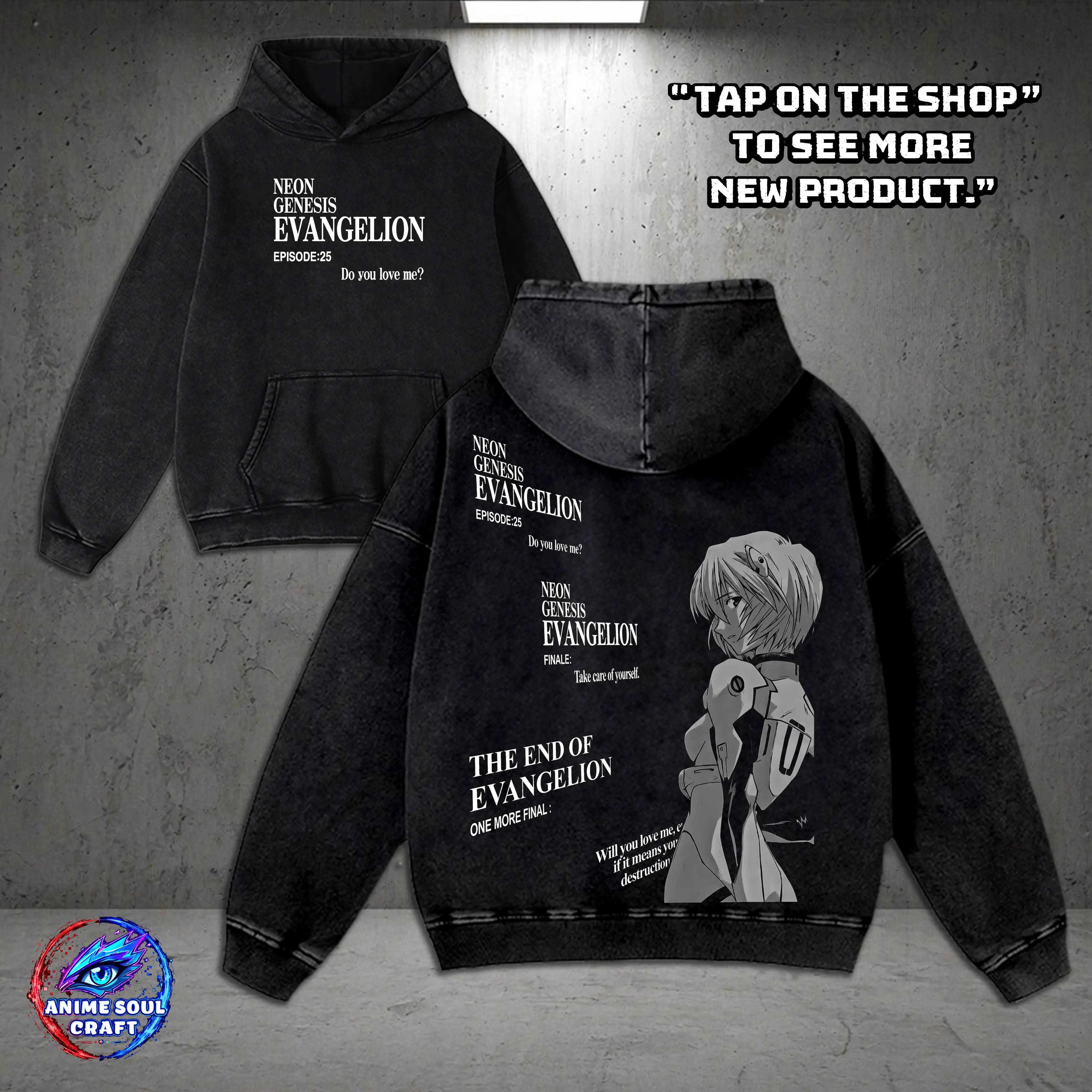 Vintage Neon Genesis Evangelion Anime Hoodie  - 2-Sided Y2K Graphic, Vintage Distressed Washed Dark Streetwear, Heavyweight Cotton Loose-Fit Unisex, Japanese Manga Aesthetic Gift for Anime Fans, Casual Menswear Top