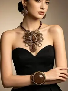 Hand woven fashionable exaggerated necklace, personalized and versatile earrings, open bracelet set