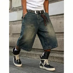 Y2K Vintage Loose Fit Denim Shorts for Men, Distressed Ripped Wide Leg Baggy Jorts, Casual Streetwear Skate Style Knee-Length Jean Shorts with Side & Back Pockets