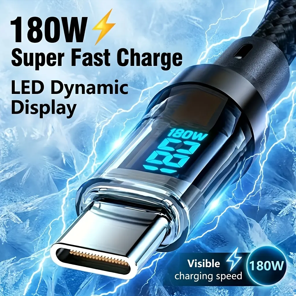 180W USB-A To Type-C Cable Super Fast Charge Cable with LED Dynamic Display - Visible Charging Speed for Quick and Efficient Power Delivery