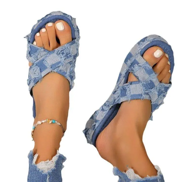 Denim Open Toe Platform Sandals - True to Size, Flats, Casual Style, Denim Material, Rubber, Imported, Summer Footwear - Women, Girl, Wedge, Comfort, Walking Shoes, Flatform, Tactical