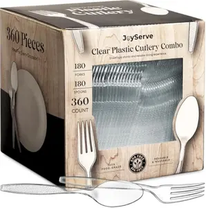 Clear Plastic Cutlery Set - (Bulk Pack 360 Pcs) Plastic Utensils Heavy Duty, 180 Forks and 180 Spoons, Silverware Sets for Party Supplies, Dinners, Take-Out, Catering, Food Services