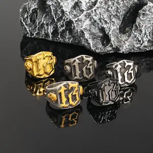 Lucky Number 13 Rings, Skull Ring for Men Gothic Punk Stainless Steel Ring Biker Skeleton Ring Cocktail Party Jewelry
