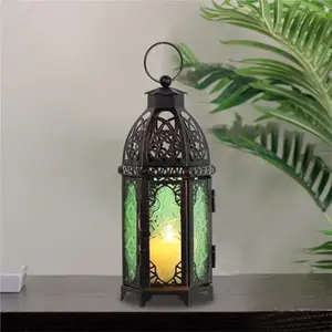 Hanging Moroccan Lantern, 11'' Vintage Candle Holder, Metal Lanterns Decorative Indoor Outdoor, (Green, Medium Size)