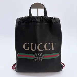 Pre-owned GUCCI leather Backpacks Calfskin Logo Drawstring Backpack Black
